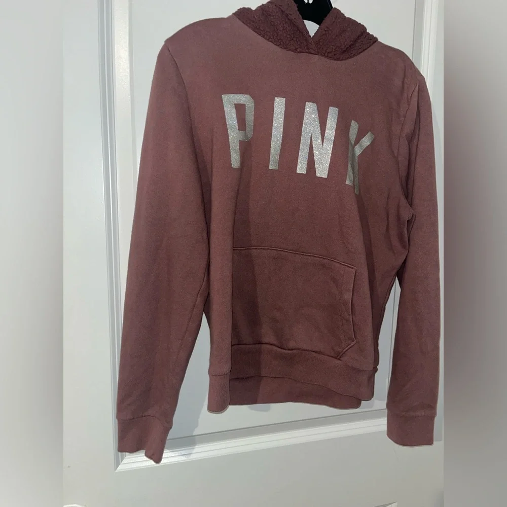 Victorias Secret Pink Medium Rose Pink Hoodie Sweatshirt Glitter Font Sherpa Top - Picture 5 of 16